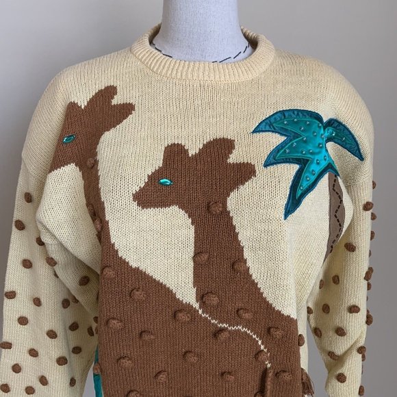 Vintage 80s Cervelle Giraffe Africa Safari Pom Pom Palm Tree Novelty Sweater M - Picture 3 of 10